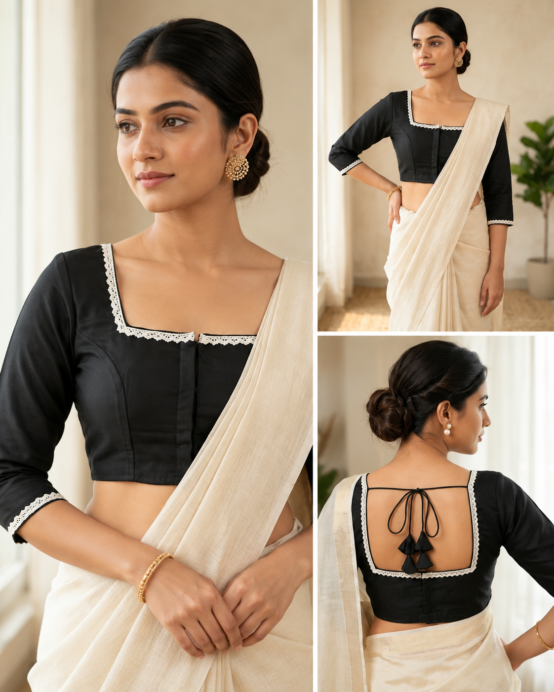 Why Every Woman Needs a Noir Black Saree Blouse with Delicate Gold Piping
